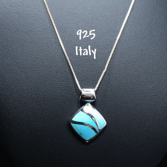 Vintage Lucite Turquoise Pendent Necklace, Sterling Italy Box Chain - Picture 1 of 10